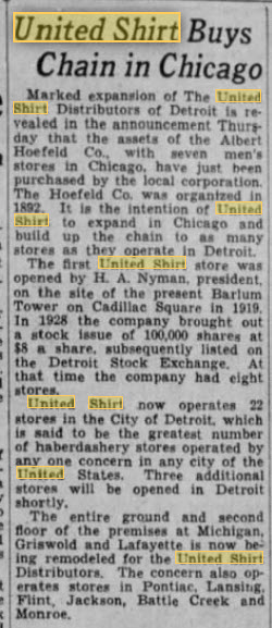 United Shirt - Acquisition In 1936